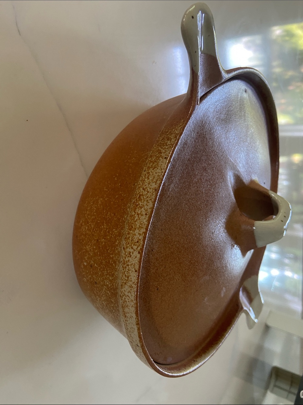 Glazed Stoneware Casserole with Lid - Brown and Cream.. vintage